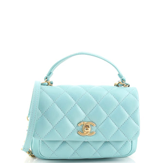 Chanel Front Pocket Top Handle Flap Bag Quilted Calfskin Mini Blue