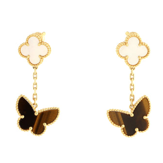Van Cleef & Arpels Lucky Alhambra Earring Earrings 18K Yellow Gold with Mother of Pearl and Tiger Eye
