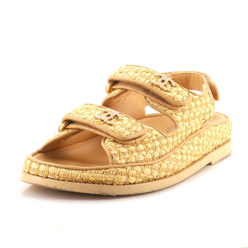 CHANEL Raffia Pearl Velcro Dad Sandals 37 Beige 710781