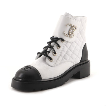 Chanel Women's Chain CC Cap Toe Lace Up Combat Boots Quilted Mixed Materials