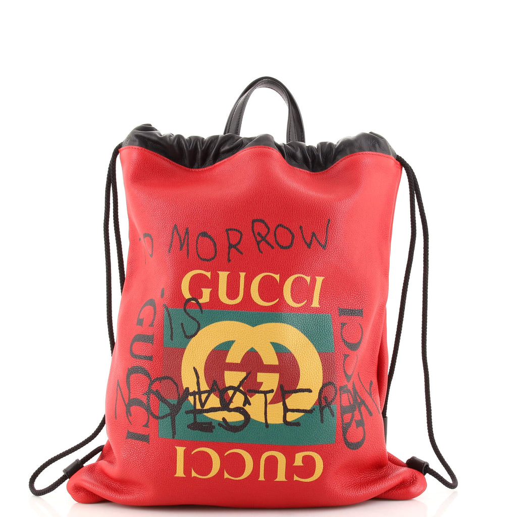 Gucci Red Leather Logo Print Drawstring Backpack Large