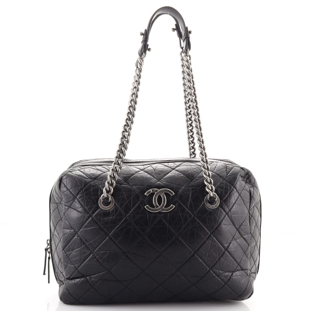 CHANEL Aged Calfskin Quilted Express Bowling Bag Beige 1102675