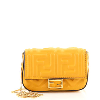 Fendi Chain Baguette Charm Bag Zucca Embossed Leather Nano