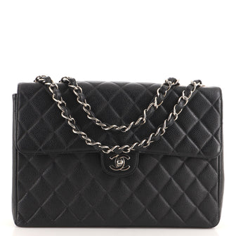 Chanel Vintage Square Classic Single Flap Bag Quilted Caviar Jumbo