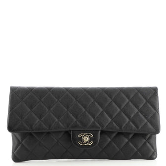 Chanel East West Classic Flap Clutch Quilted Caviar