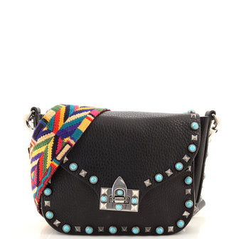 Valentino Garavani Rolling Rockstud Flip Lock Flap Bag Leather with Cabochons Small