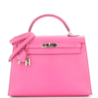 Hermes Kelly Handbag Pink Chevre de Coromandel with Palladium Hardware 32