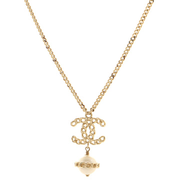 Chanel CC Chain Drop Pendant Necklace Metal with Faux Pearls