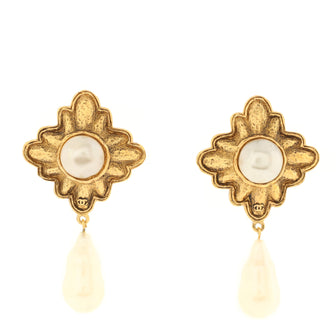 Chanel Vintage CC Teardrop Dangle Clip-On Earrings Metal with Faux Pearls