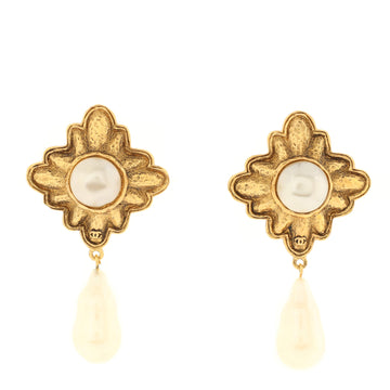Chanel Vintage CC Teardrop Dangle Clip-On Earrings Metal with Faux Pearls