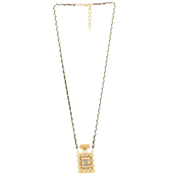 Chanel CC Perfume Bottle Pendant Chain Long Necklace Metal with Leather, Crystals and Faux Pearl