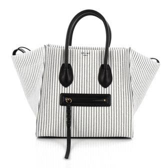 Celine Phantom Handbag Striped Canvas and Leather Medium Black
