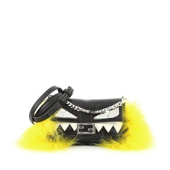 Fendi Monster Baguette Leather and Fur Micro Black