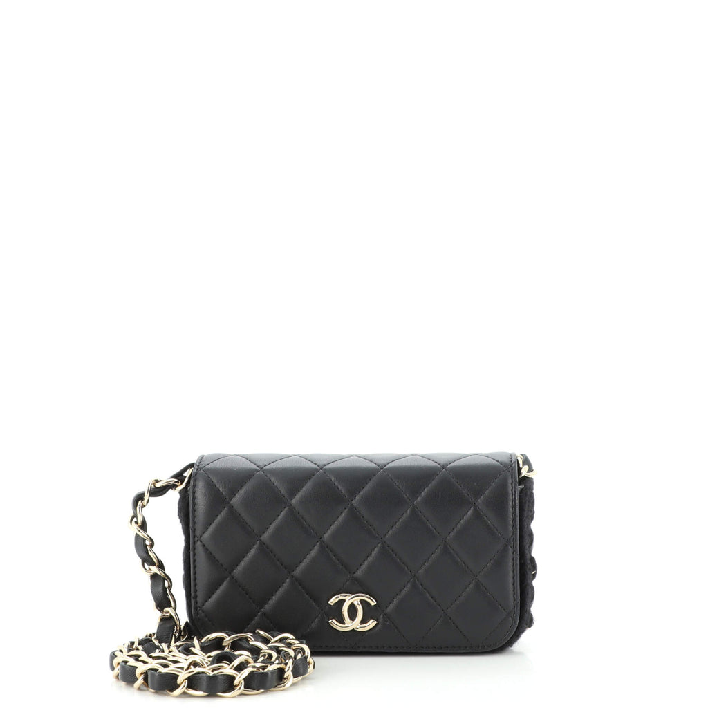 Chanel Lambskin Quilted Chanel 19 Flap Phone Holder with Chain Black