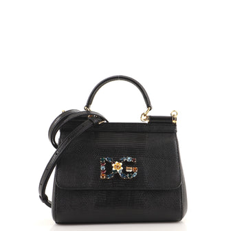 Dolce & Gabbana Miss Sicily Bag Lizard Embossed Leather with Crystal Detail Small
