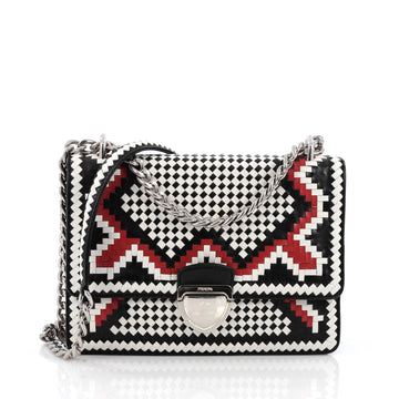 Prada Pushlock Chain Flap Shoulder Bag Woven Leather Small White