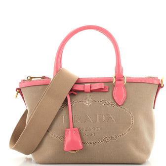 Prada Logo Convertible Zip Tote Canvas with Leather Small