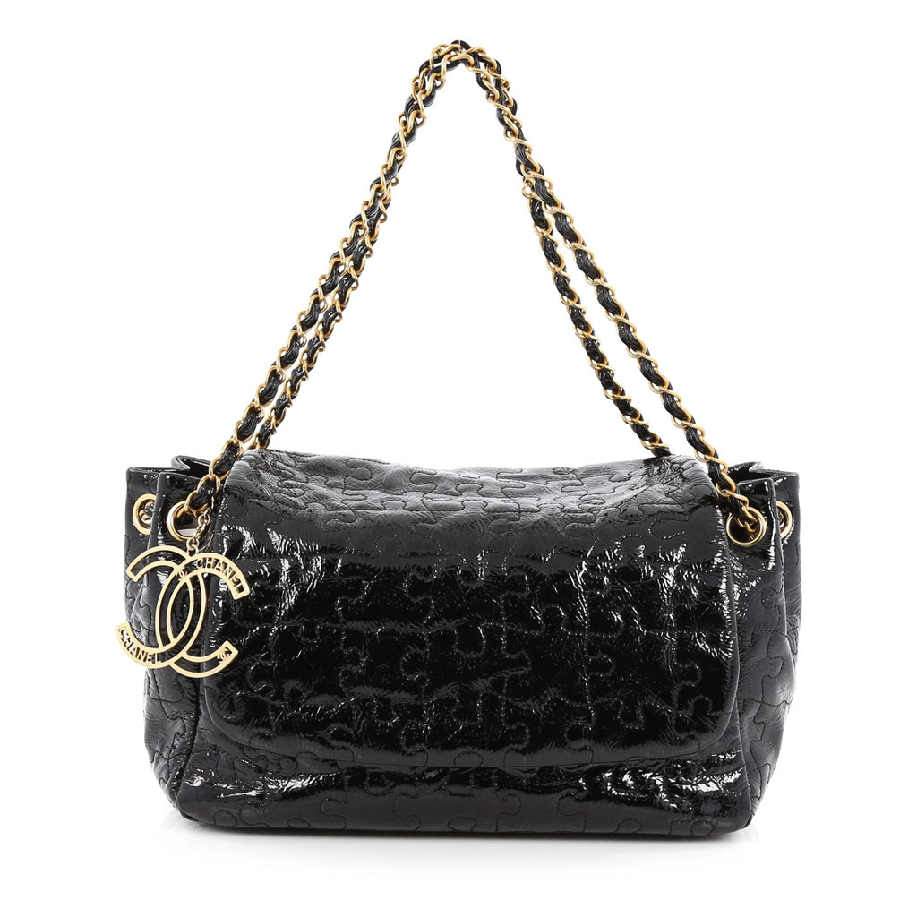 CHANEL Puzzle Black Quilted Patent Leather Flap Bag  eBay