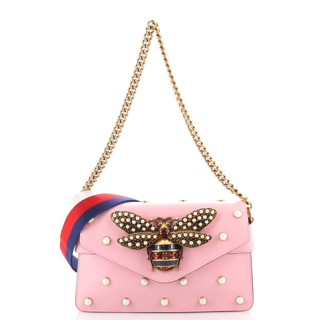 Gucci Broadway Pearly Bee Shoulder Bag Embellished Leather Mini Pink 1784131
