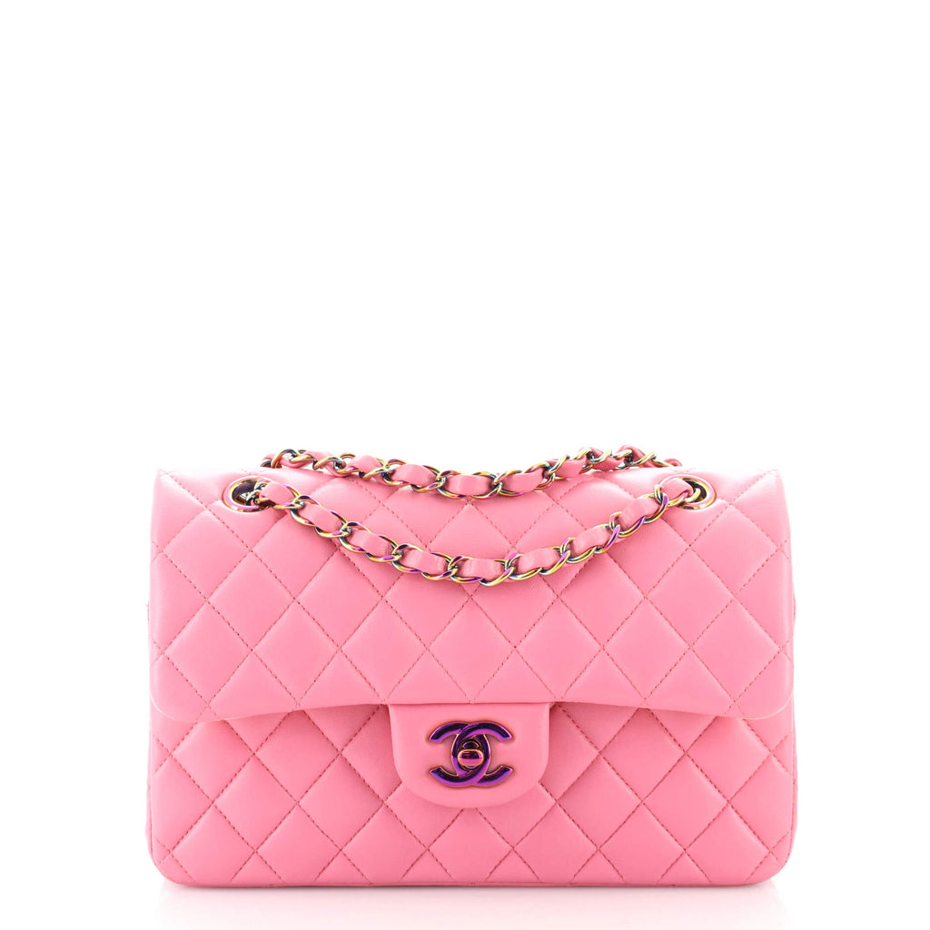 Chanel Classic Double Flap Bag Quilted Lambskin with Rainbow Hardware Small  Pink 1785571