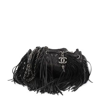 Chanel Paris-Dallas Drawstring Fringe Shoulder Bag Quilted Leather Mini Black 1786301