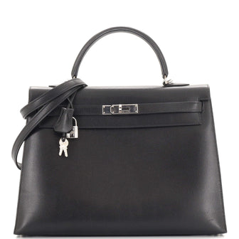 Hermes Kelly Handbag Black Veau Grain Lisse with Palladium Hardware 35