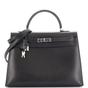 Hermes Kelly Handbag Black Veau Grain Lisse with Palladium Hardware 35