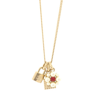Chanel CC Perfume Bottle Padlock Flower Triple Pendant Necklace Metal with Faux Pearls and Crystals