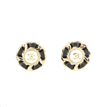 Chanel CC Round Chain Clip-On Earrings Faux Pearl and Metal with Leather