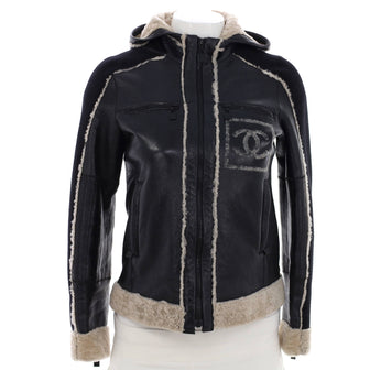 Chanel Women's Vintage Sport CC Zip Up Hooded Jacket Lambskin with Shearling