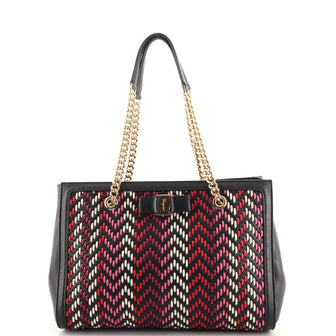 Salvatore Ferragamo Vara Bow Double Chain Tote Multicolor Woven Leather Small