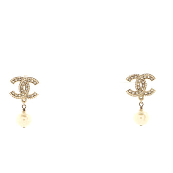 Chanel CC Pearl Drop Earrings Faux Pearl and Metal with Crystals