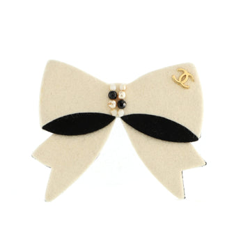 Chanel Vintage CC Bow Brooch Felt with Faux Pearls