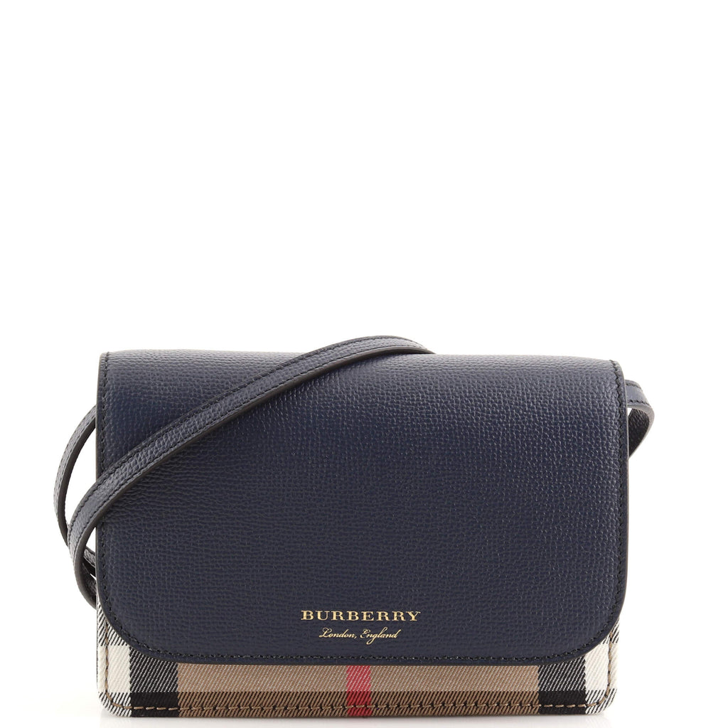 Burberry Hampshire Wallet on Chain Leather and House Check Canvas Navy Blue