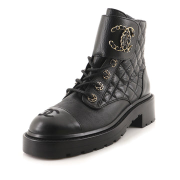 Chanel Women's Chain CC Cap Toe Lace Up Combat Boots Quilted Mixed Materials