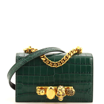 Alexander McQueen Jewelled Flap Satchel Crocodile Embossed Leather Small