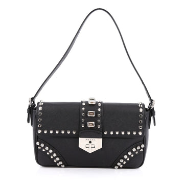 Prada Turnlock Flap Shoulder Bag Studded Saffiano Leather Medium Black 1793501