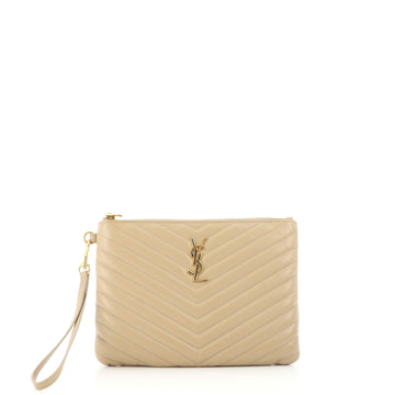 Saint Laurent Classic Monogram Wristlet Pouch Matelasse Chevron Leather Small