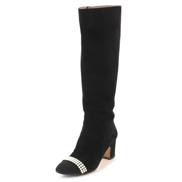 Chanel Women's Cap Toe Knee High Boots Suede with Grosgrain and Faux Pearls