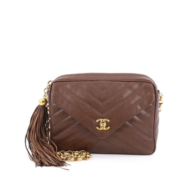 Chanel Vintage Camera Tassel Bag Chevron Caviar Medium Brown 1795601
