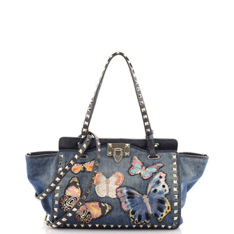 Valentino Garavani Rockstud Tote Denim with Butterfly Applique Small