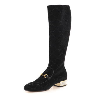 Gucci Women's Horsebit Knee High Embellished Heel Boots GG Velvet