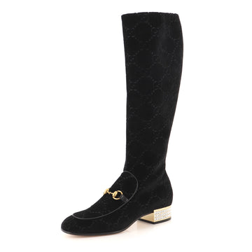 Gucci Women's Horsebit Knee High Embellished Heel Boots GG Velvet