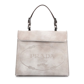 Prada Logo Top Handle Flap Bag Spazzolato Leather Medium 1797501 Gray