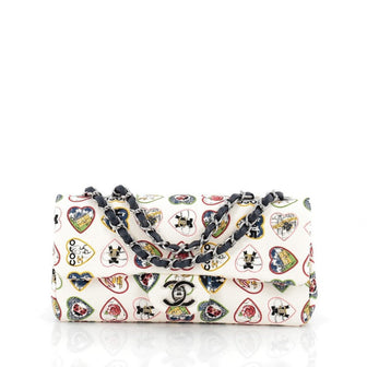 Chanel Vintage Valentine Hearts Flap Bag Printed Canvas Small White