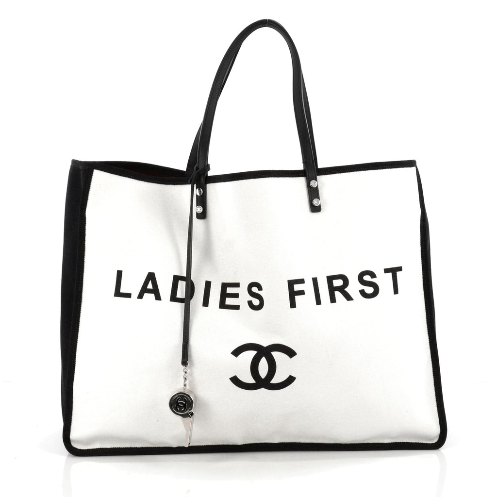 CHANEL Canvas Calfskin Large Let's Demonstrate Tote White Black