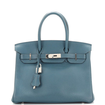Hermes Birkin Handbag Blue Clemence with Palladium Hardware 30