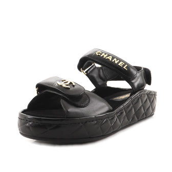 Chanel Women's Logo Velcro Strap Wedge Sandals Quilted Leather