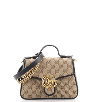 Gucci GG Marmont Top Handle Flap Bag Diagonal Quilted GG Canvas Mini