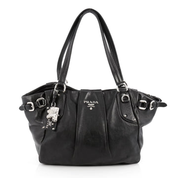 Prada Belted Tote Pleated Leather Medium Black